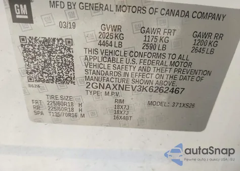 2019 Chevrolet Equinox Premier z USA, uszkodzony, nr VIN 2GNAXNEV3K6262467